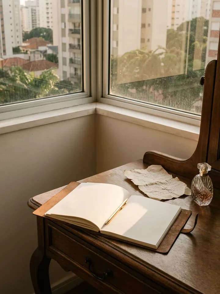 Caderno aberto e caneta dourada numa penteadeira ao entardecer