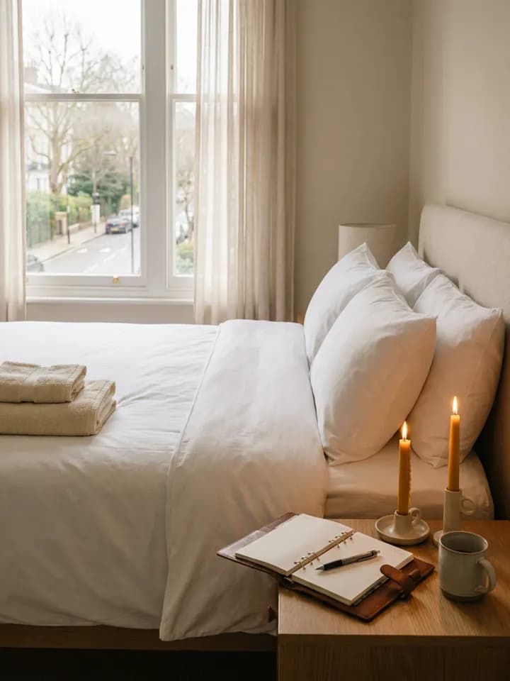 Quarto de flat arrumado com velas acesas e agenda na mesa de cabeceira