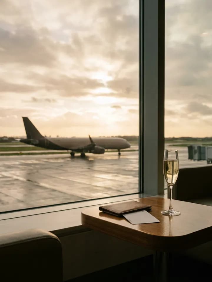Sala VIP de aeroporto ao pôr do sol com avião na pista