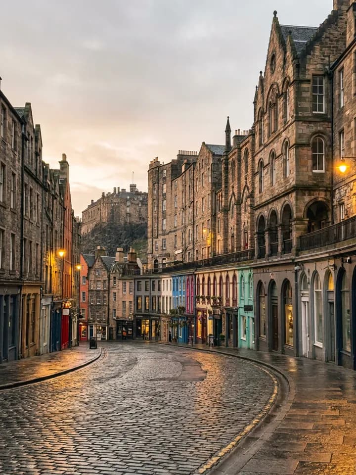 Victoria Street em Edimburgo com o castelo ao fundo